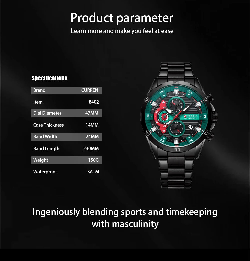 CURREN Stainless Steel Watches for Mens Creative Fashion Luminous Dial with Chronograph Clock Male Casual Wristwatches