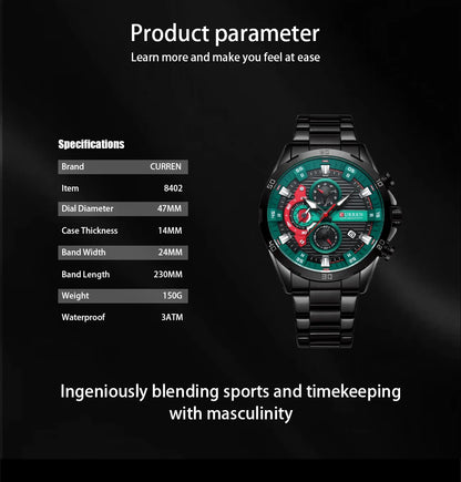 CURREN Stainless Steel Watches for Mens Creative Fashion Luminous Dial with Chronograph Clock Male Casual Wristwatches