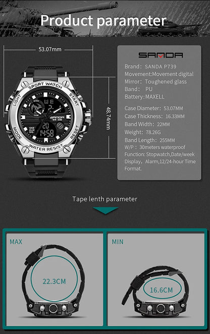 SANDA G Style Men Digital Watch Date Military Sports Watches Waterproof Electronic Wristwatch Mens Clock Orologio da uomo 739