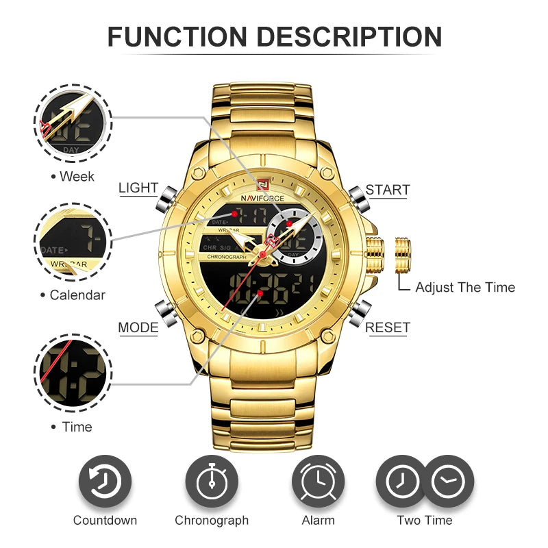 NAVIFORCE 9163 Luxury Original Sport Wrist Watch For Men Quartz Steel Waterproof Dual Display Military Watches Relogio Masculino