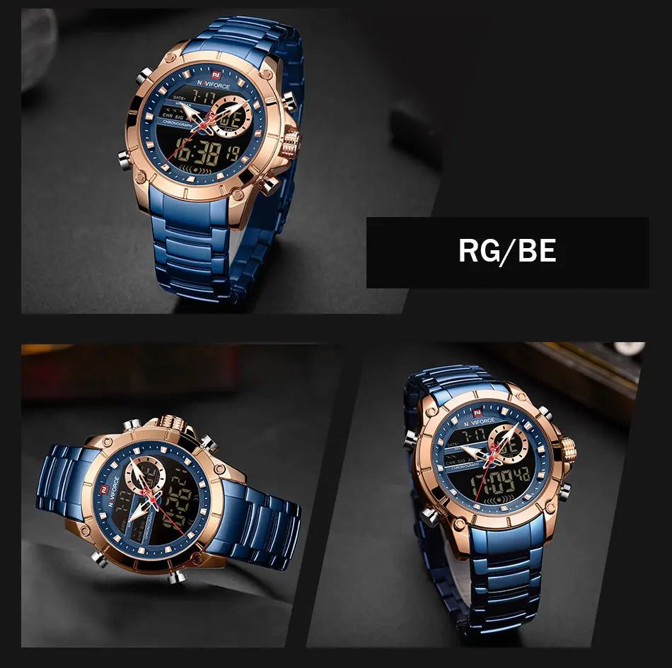 NAVIFORCE 9163 Luxury Original Sport Wrist Watch For Men Quartz Steel Waterproof Dual Display Military Watches Relogio Masculino