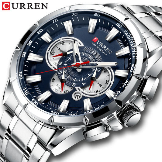 CURREN New Casual Sport Chronograph Men's Watches Stainless Steel Band Wristwatch Big Dial Quartz Clock with Luminous Pointers