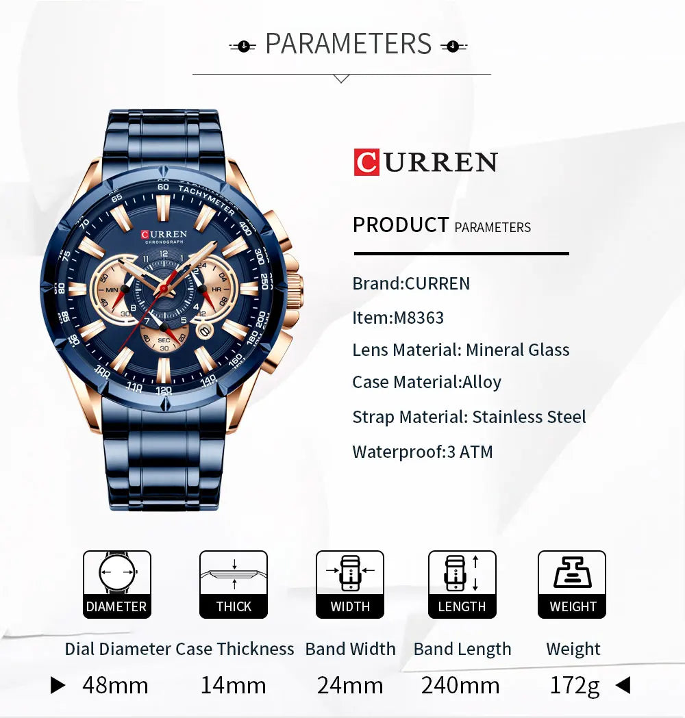 CURREN New Casual Sport Chronograph Men's Watches Stainless Steel Band Wristwatch Big Dial Quartz Clock with Luminous Pointers