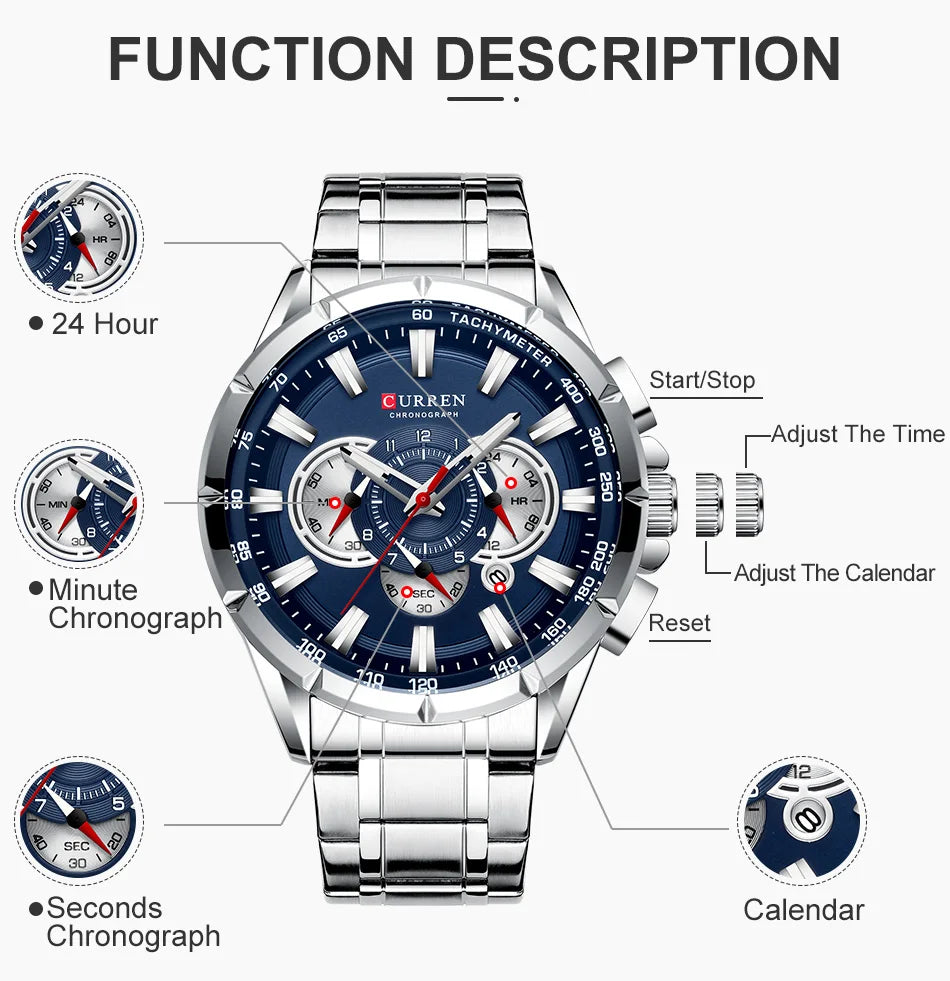 Curren Men’s Watches Top Brand Luxury Chronograph Quartz Men Watch Waterproof Sport Wrist Watch Men Stainless Steel Male Clock