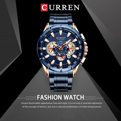 CURREN New Casual Sport Chronograph Men's Watches Stainless Steel Band Wristwatch Big Dial Quartz Clock with Luminous Pointers