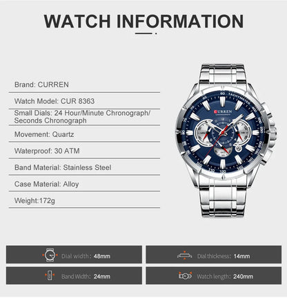 Curren Men’s Watches Top Brand Luxury Chronograph Quartz Men Watch Waterproof Sport Wrist Watch Men Stainless Steel Male Clock