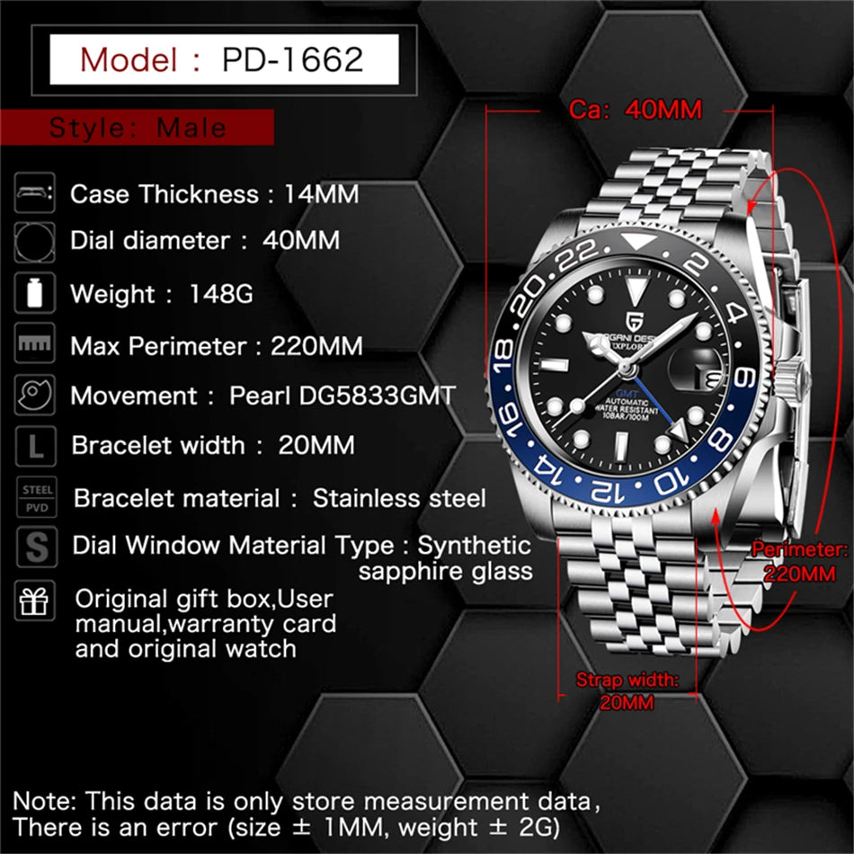 PAGANI DESIGN Men Automatic Watches Sapphire Glass 40mm Ceramic GMT Mechanical Wristwatch Top Brand Sports Waterproof Men Watch