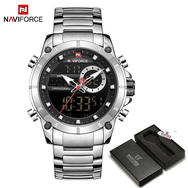 NAVIFORCE 9163 Luxury Original Sport Wrist Watch For Men Quartz Steel Waterproof Dual Display Military Watches Relogio Masculino