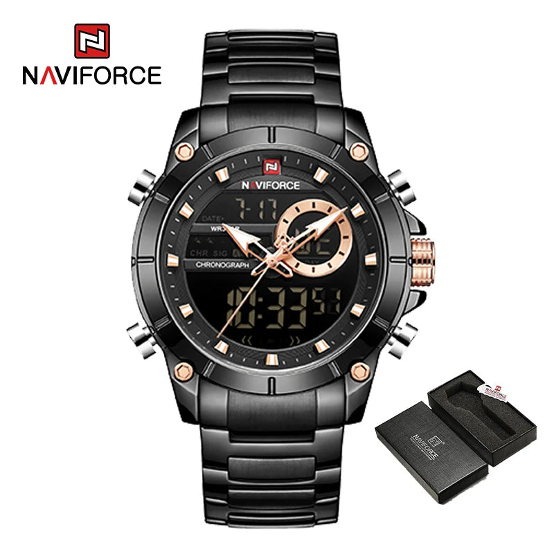 NAVIFORCE 9163 Luxury Original Sport Wrist Watch For Men Quartz Steel Waterproof Dual Display Military Watches Relogio Masculino