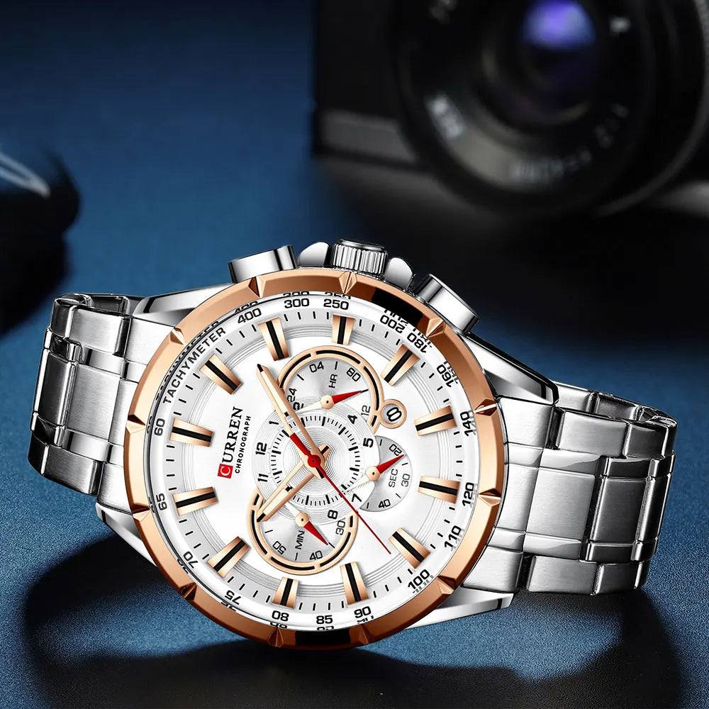 CURREN New Casual Sport Chronograph Men's Watches Stainless Steel Band Wristwatch Big Dial Quartz Clock with Luminous Pointers