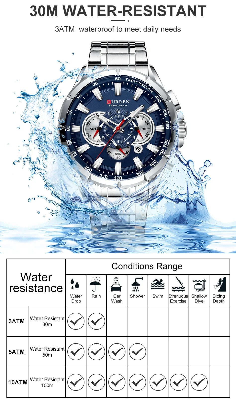 Curren Men’s Watches Top Brand Luxury Chronograph Quartz Men Watch Waterproof Sport Wrist Watch Men Stainless Steel Male Clock