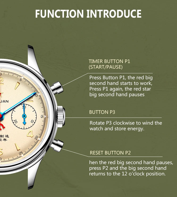 RED STAR 38mm Men's 1963 Chronograph Mechanical Watch Pilot with Seagull Movement ST1901 Air Force Aviation Sapphire Goose 40mm