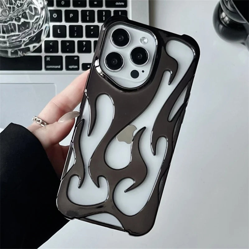 Fashion Hollowed Fire Flame Phone Case For iphone 16 15 14 13 12 11 Pro Max Plus Cool Boy Girl Silver Electroplated Soft Cover