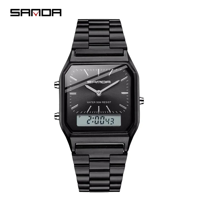 SANDA Luxury Mens G Style Watches Stainless Steel Women LED Digital Dual Display Clock Unisex Waterproof Sports Quartz Watch