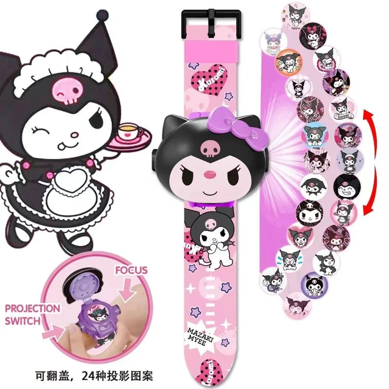 Kawaii 3D Projection Digital Watch Kawaii Hello Kitty Kuromi Cinnamoroll Anime Action Figure Toy Watch Flip Popular Kids  Toys