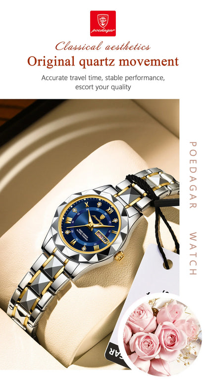 POEDAGAR Luxury Ladies Dress Watch Luminous Waterproof Week Date Woman Wristwatch Stainless Steel Women Quartz Watches reloj+box