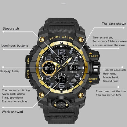 SANDA G Style Sports Military Men's Watches Waterproof Dual Display Quartz Wristwatch For Male Clock Stopwatch Relogios Masculin