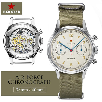 RED STAR 38mm Men's 1963 Chronograph Mechanical Watch Pilot with Seagull Movement ST1901 Air Force Aviation Sapphire Goose 40mm