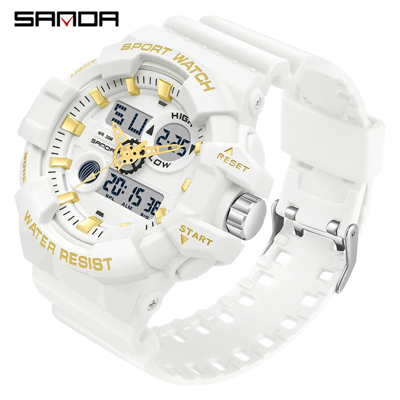 SANDA G Style White Sports Men's Watches Top Brand Luxury Military Quartz Watch Men Waterproof LED Digital Wristwatches