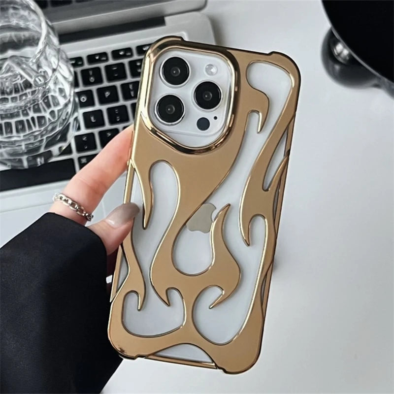 Fashion Hollowed Fire Flame Phone Case For iphone 16 15 14 13 12 11 Pro Max Plus Cool Boy Girl Silver Electroplated Soft Cover