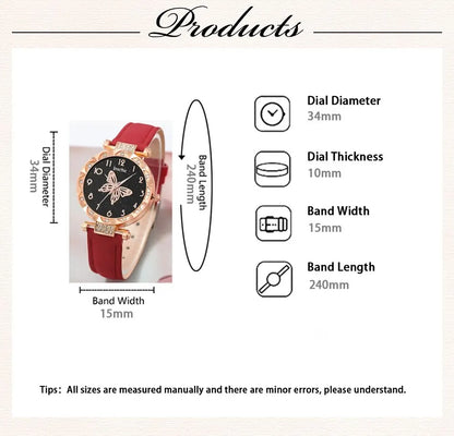 Women Luxury Watch Ring Necklace Earrings Rhinestone Butterfly Fashion Wristwatch Female Casual Ladies Watches Set Clock