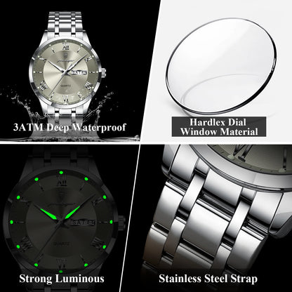 POEDAGAR Luxury Fashion Men Clock Waterproof Luminous Week Date Sports Man Wristwatch Stainless Steel Men's Quartz Watches Reloj