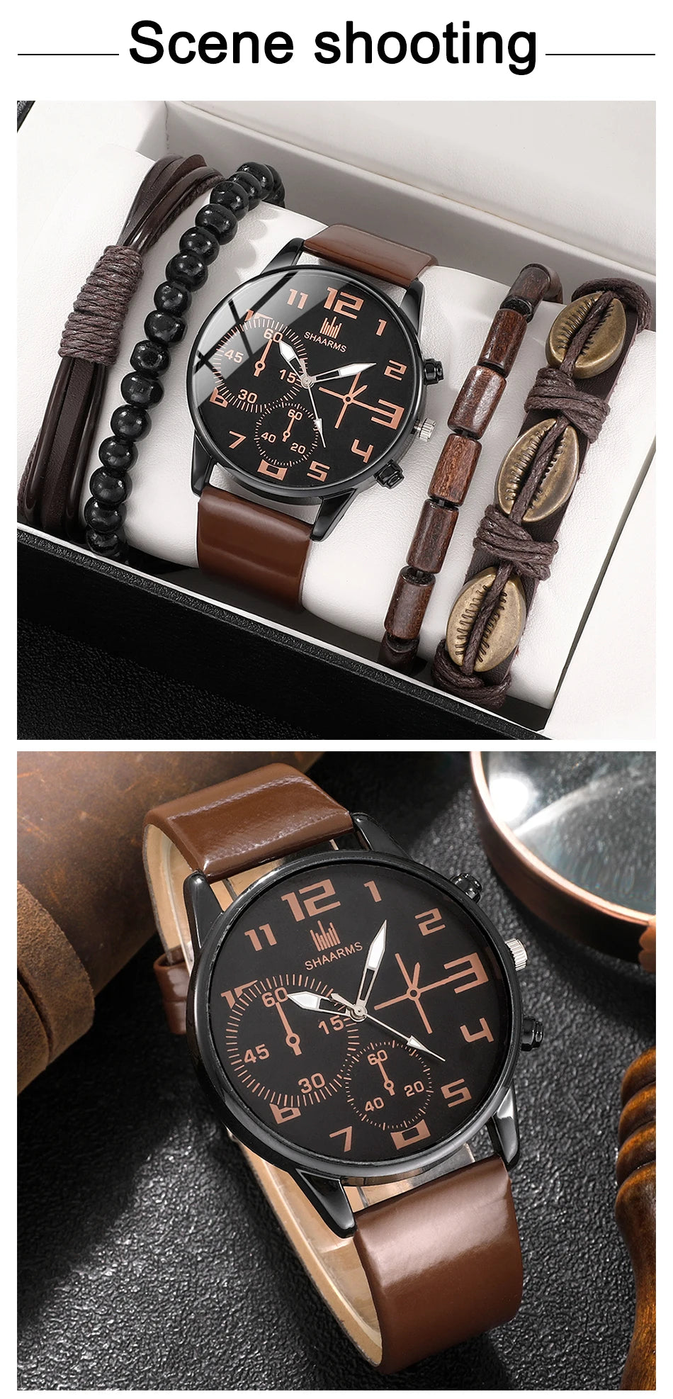 5PCS Set Fashion Mens Sports Bracelet Watches For Men Retro Big Dial Quartz Wrist Watch Classic Male Casual Brown Leather Watch