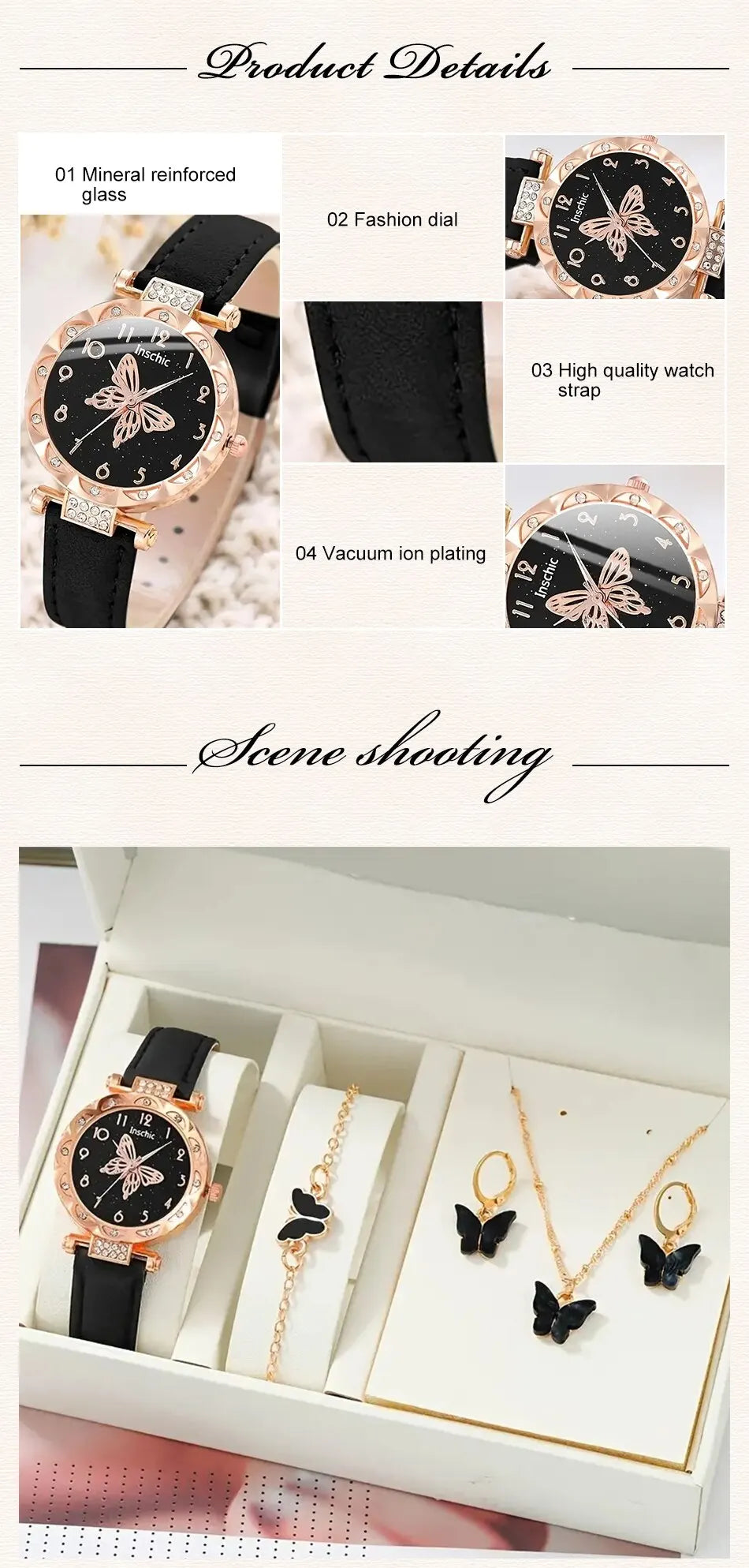 Women Luxury Watch Ring Necklace Earrings Rhinestone Butterfly Fashion Wristwatch Female Casual Ladies Watches Set Clock