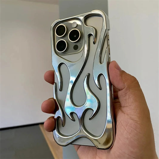 Fashion Hollowed Fire Flame Phone Case For iphone 16 15 14 13 12 11 Pro Max Plus Cool Boy Girl Silver Electroplated Soft Cover