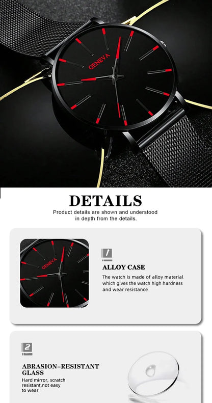 5pcs Luxury Black Stainless Steel Mesh Belt Quartz Watch With Bracelet For Men Casual Fashion Round Watch In Daily Sport Watches