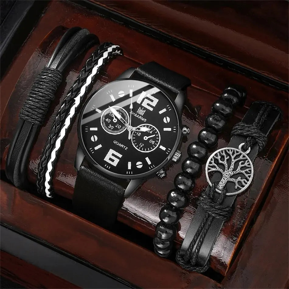 5PCS Set Fashion Mens Sports Bracelet Watches For Men Retro Big Dial Quartz Wrist Watch Classic Male Casual Brown Leather Watch