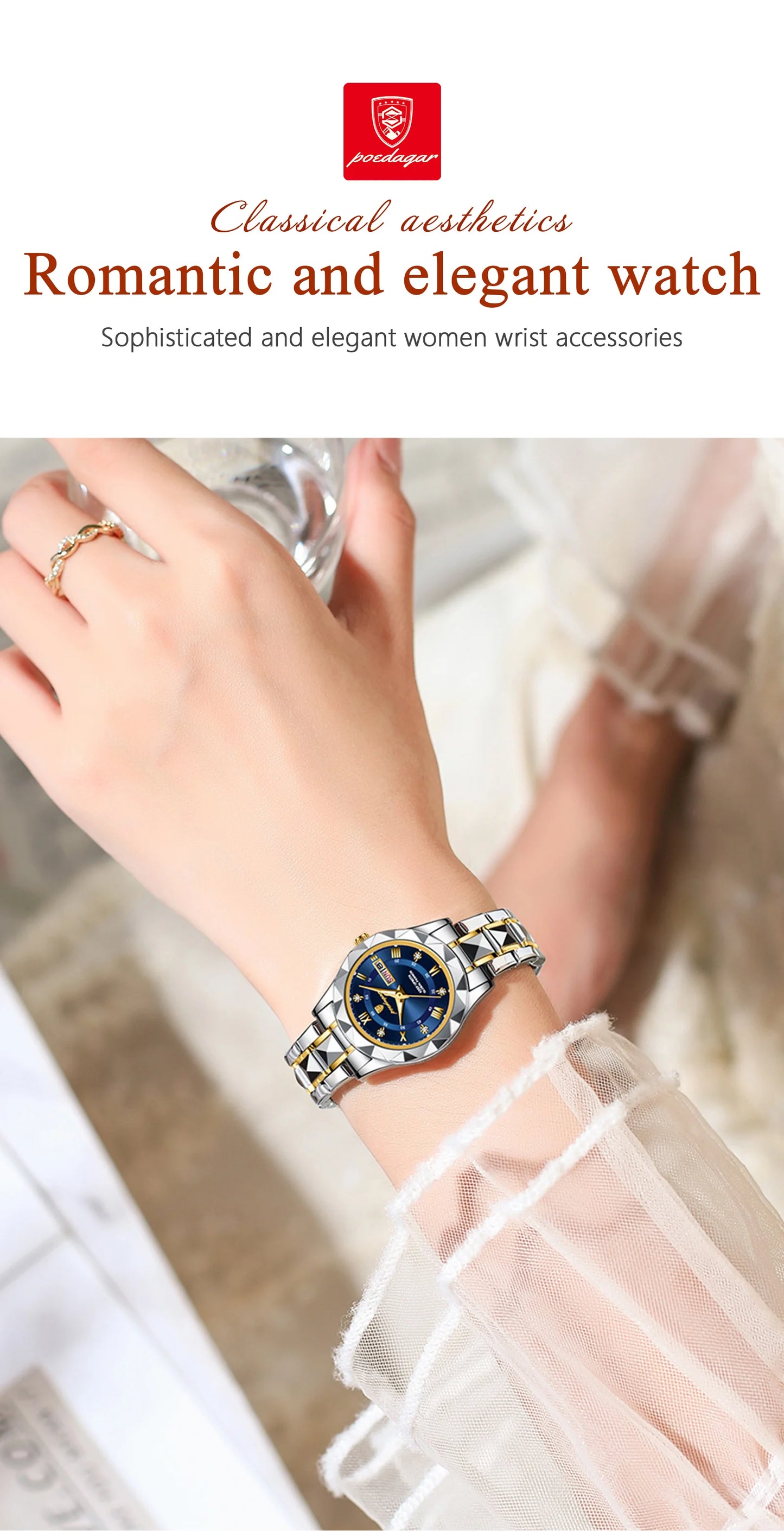 POEDAGAR Luxury Ladies Dress Watch Luminous Waterproof Week Date Woman Wristwatch Stainless Steel Women Quartz Watches reloj+box