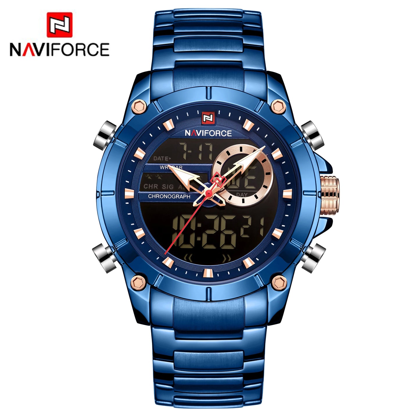 NAVIFORCE 9163 Luxury Original Sport Wrist Watch For Men Quartz Steel Waterproof Dual Display Military Watches Relogio Masculino