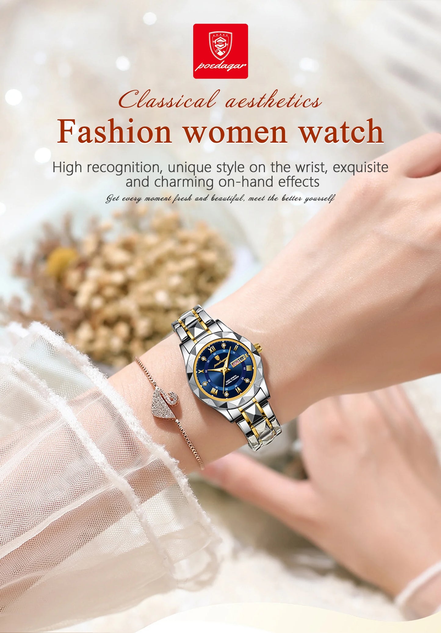 POEDAGAR Luxury Elegant Women Watch Luminous Waterproof Week Date Woman Wristwatch Stainless Steel Quartz Fashion Ladies Watches