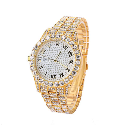 2pcs/set Rhinestone Large Dial Steel Strap Quartz Zinc Alloy Watch And Cuban Link Style Bracelet Set(1 Watch+1 Bracelet)