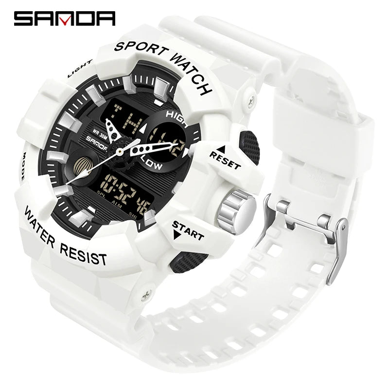 SANDA G Style White Sports Men's Watches Top Brand Luxury Military Quartz Watch Men Waterproof LED Digital Wristwatches