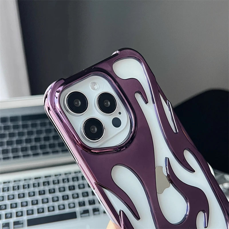 Fashion Hollowed Fire Flame Phone Case For iphone 16 15 14 13 12 11 Pro Max Plus Cool Boy Girl Silver Electroplated Soft Cover