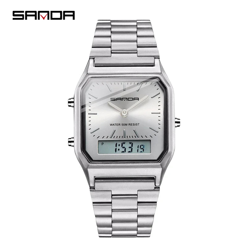 SANDA Luxury Mens G style Watches Stainless Steel Women LED Digital Dual Display Clock Unisex Waterproof Sports Quartz Watch 747