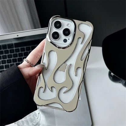 Fashion Hollowed Fire Flame Phone Case For iphone 16 15 14 13 12 11 Pro Max Plus Cool Boy Girl Silver Electroplated Soft Cover