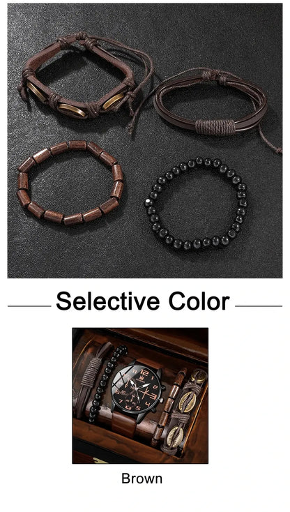 5PCS Set Fashion Mens Sports Bracelet Watches For Men Retro Big Dial Quartz Wrist Watch Classic Male Casual Brown Leather Watch