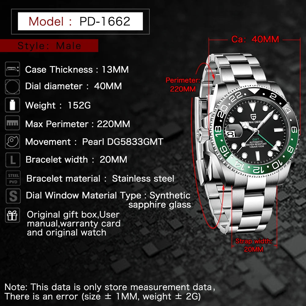 PAGANI DESIGN 40MM Ceramic GMT Automatic Watch Men's Mechanical Watch Sapphire Glass 100m Waterproof Men's Mechanical Watch