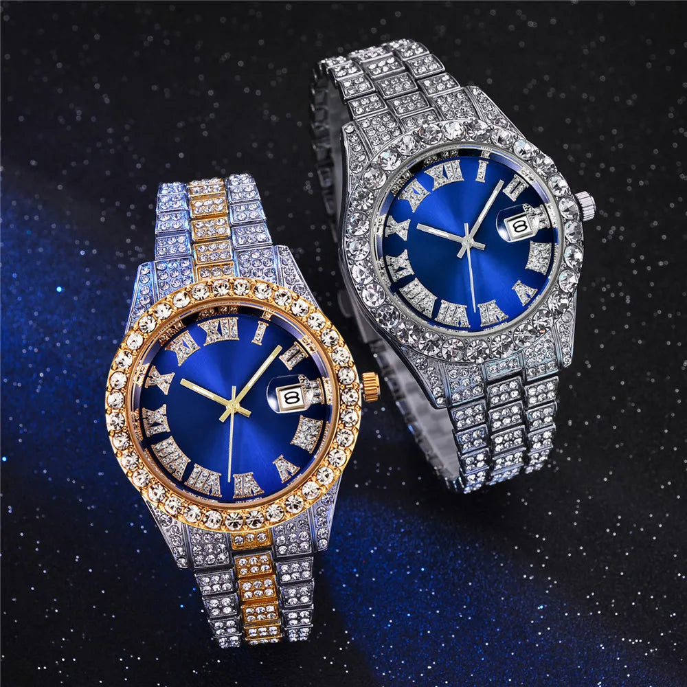 Luxury Men Watch Classic Golden Men Steel Strap Roman Rhinestone Calendar Quartz Watch Fashion Male Wristwatch Relogio Masculino