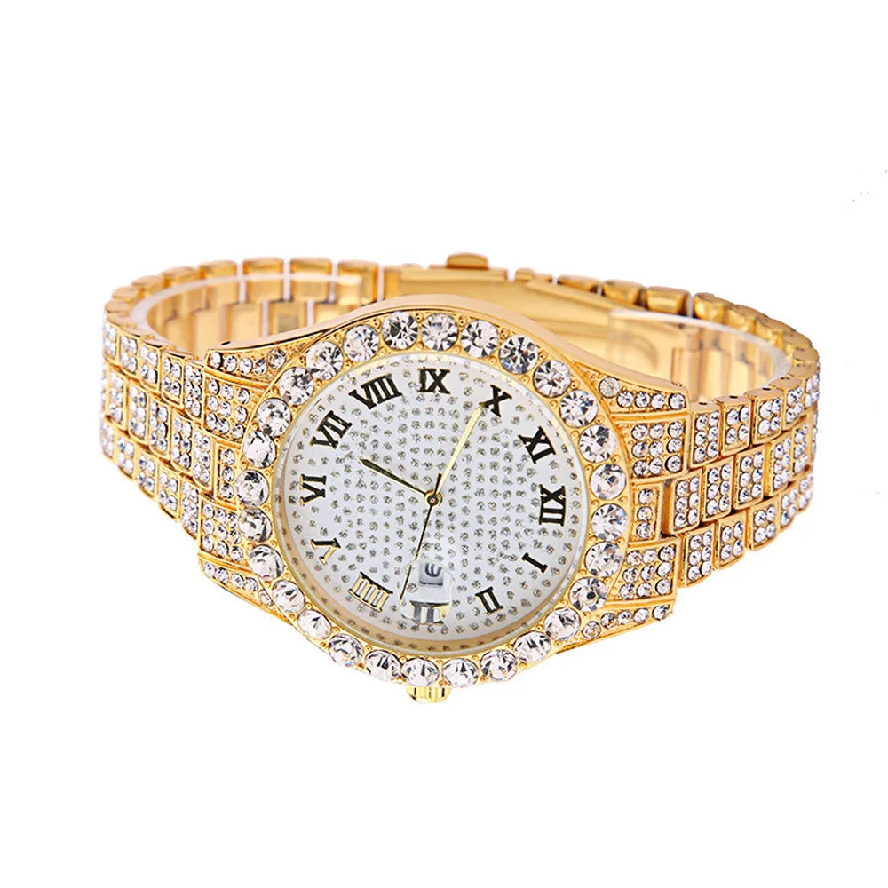 2pcs/set Rhinestone Large Dial Steel Strap Quartz Zinc Alloy Watch And Cuban Link Style Bracelet Set(1 Watch+1 Bracelet)