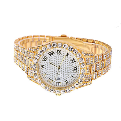 2pcs/set Rhinestone Large Dial Steel Strap Quartz Zinc Alloy Watch And Cuban Link Style Bracelet Set(1 Watch+1 Bracelet)