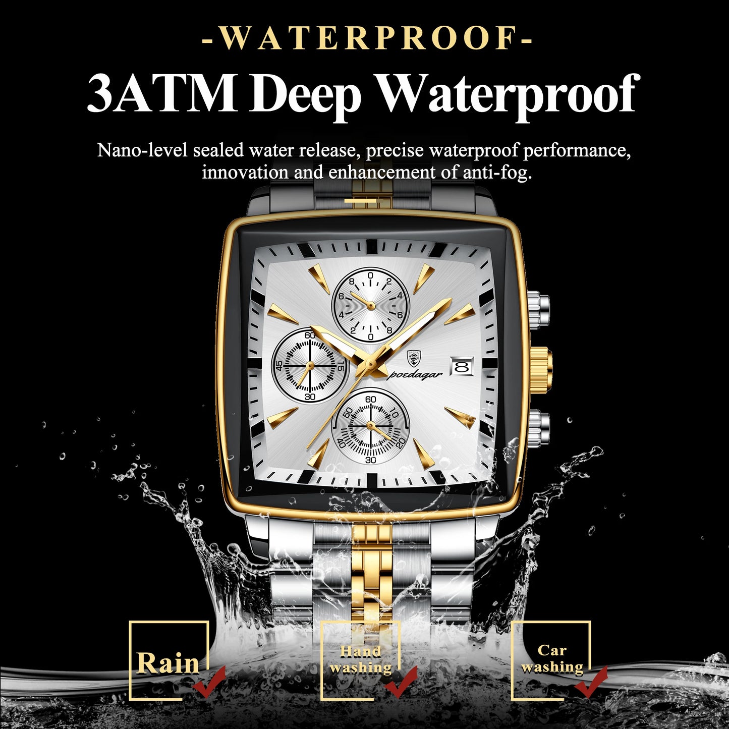 POEDAGAR Luxury Square Sport Man Wristwatch Waterproof Luminous Chronograph Quartz Men's Watches Stainless Steel Men Watch Reloj