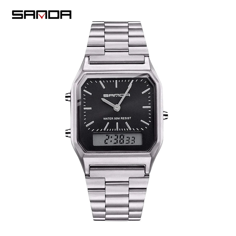 SANDA Luxury Mens G style Watches Stainless Steel Women LED Digital Dual Display Clock Unisex Waterproof Sports Quartz Watch 747