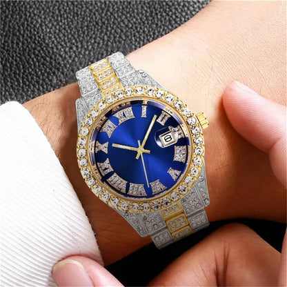 Luxury Men Watch Classic Golden Men Steel Strap Roman Rhinestone Calendar Quartz Watch Fashion Male Wristwatch Relogio Masculino