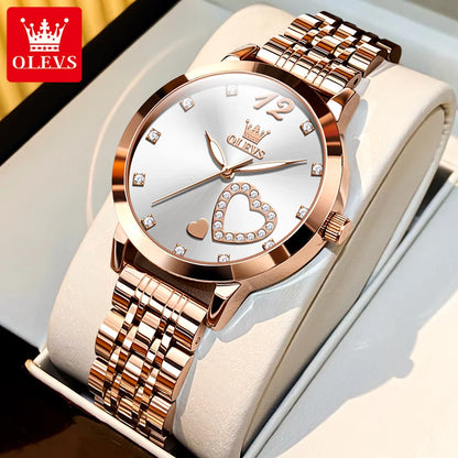 OLEVS Japan Quartz Women Watch Stainless steel Bracelet "Love" Dial Fashion Elegant Waterproof Luminous Quartz Watch for Ladies