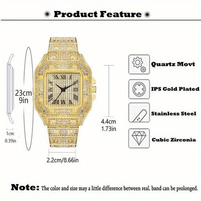 Men's Fashion Hip Hop Crystal Inlaid Watch Luxury Cuban Hand Chain Stainless Steel Iced Out Watches For Men Hip Hop Rapper