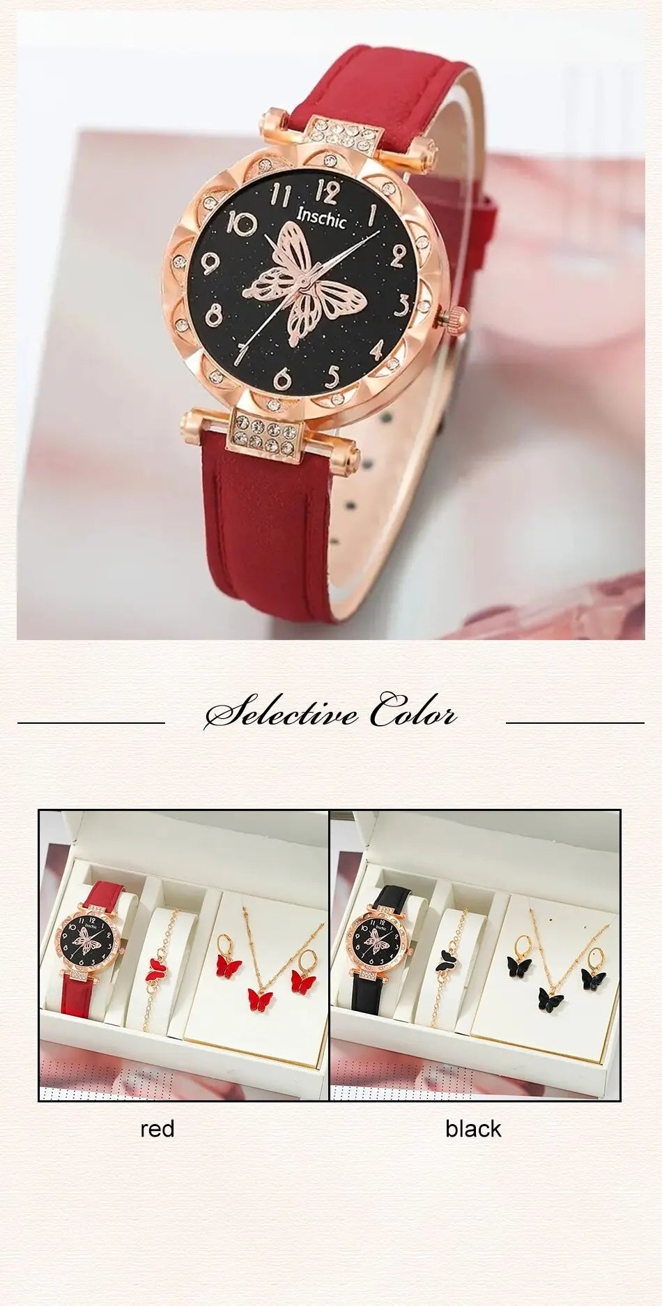 Women Luxury Watch Ring Necklace Earrings Rhinestone Butterfly Fashion Wristwatch Female Casual Ladies Watches Set Clock